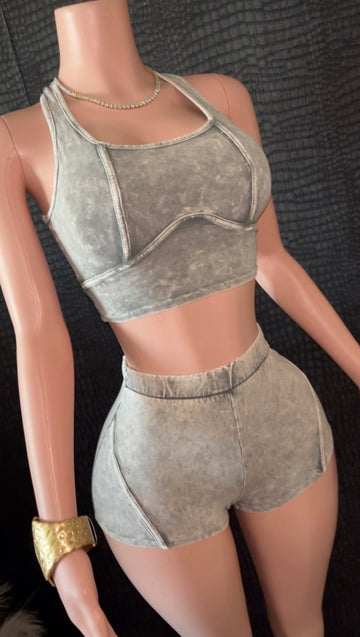 Mineral Washed Crop Top & Shorts Set