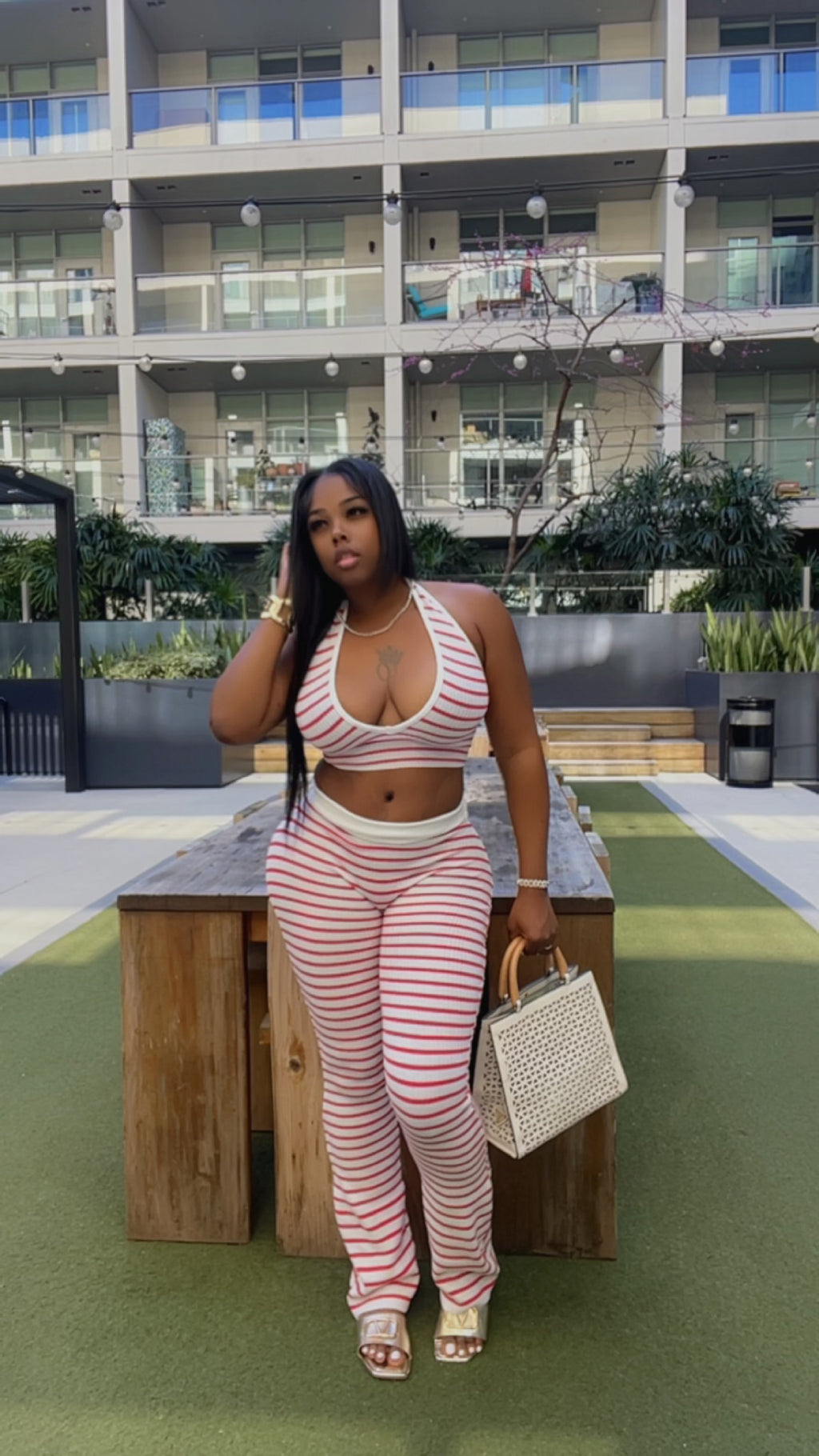 Candy Stripe Halter Crop Top & Flare Pants Set