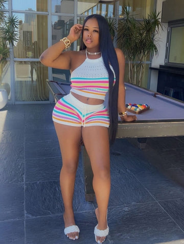 Rainbow Breeze Knit Two-Piece Short Set